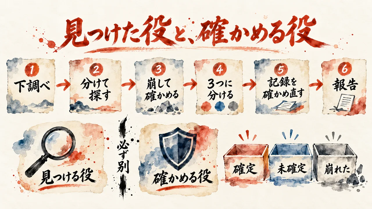 2位security-audit-skillの、見つけた役と確かめる役を必ず分けて監査する流れの図