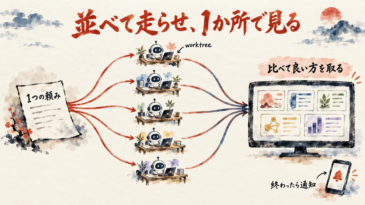 3位Orcaが、1つの頼みを5つのエージェントに配り、別々の作業場所で並べて動かし、1か所で比べる図
