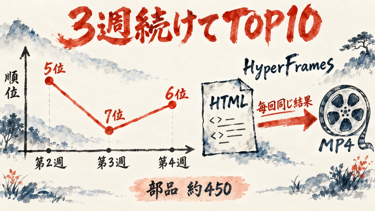 6位HyperFramesが第2週5位・第3週7位・第4週6位と3週続けてTOP10に入り、HTMLから毎回同じMP4を作る図