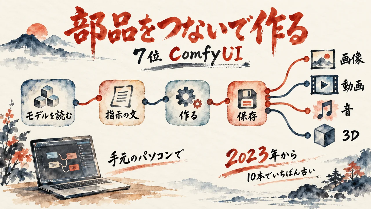 7位ComfyUIの、モデルを読む・指示の文・作る・保存の部品をつなぎ、画像・動画・音・3Dを作る図