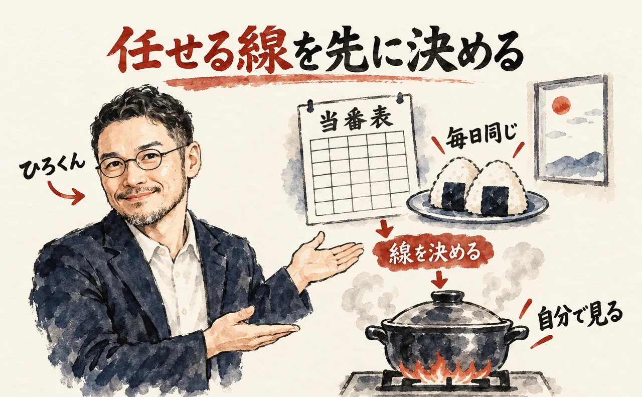 ひろくんが両手を広げて、右の「当番表」とおにぎり「毎日同じ」、下のコンロの煮込み鍋「自分で見る」を示す。2つの間に「線を決める」の札が置かれた図解