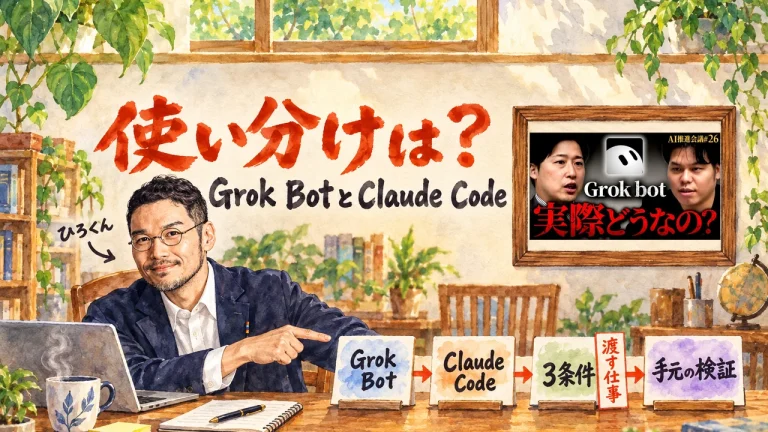 ひろくんが机の前で「Grok Bot」「Claude Code」「3条件」「手元の検証」の4枚の札が並ぶ列を指さし、「3条件」の札の横に「渡す仕事」の札が立つアイキャッチ。右上の額縁に元動画のサムネイル。題字は「使い分けは？」Grok BotとClaude Code