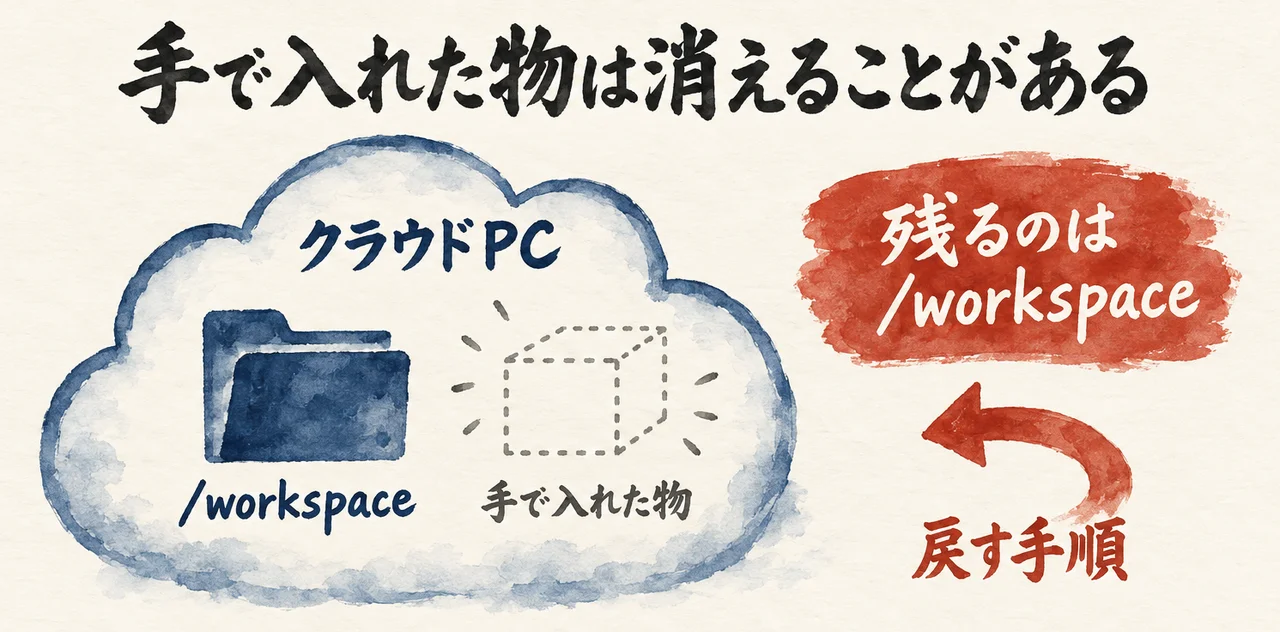 雲の中のクラウドPCに、残るフォルダ「/workspace」と、点線で消えかけた「手で入れた物」。右に「残るのは /workspace」と、戻す手順への矢印がある図解