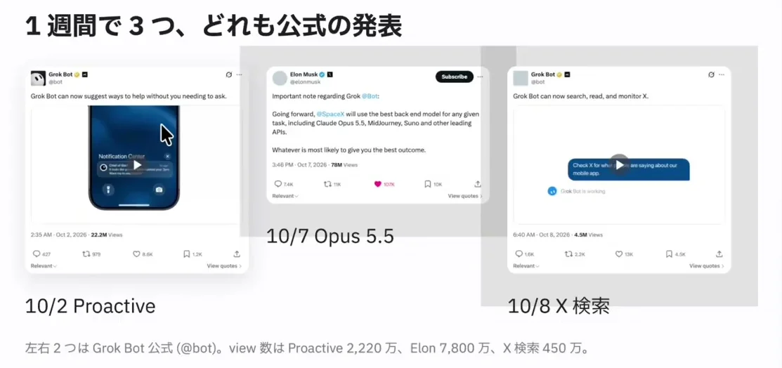 動画キャプチャ: スライド「1週間で3つ、どれも公式の発表」が映る場面（8:33頃）