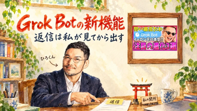 ひろくんが机で返信の紙を指す全体図。タイトル「Grok Botの新機能 返信は私が見てから出す」。壁に動画のサムネイル