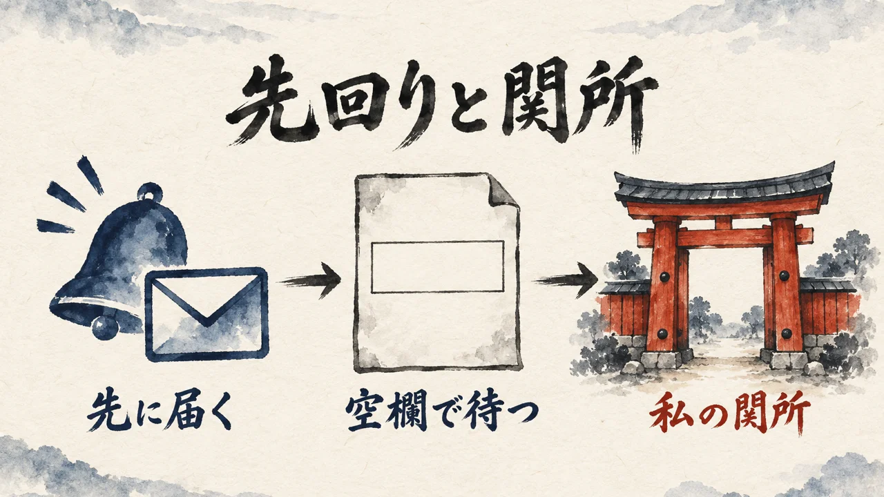 Proactiveの図解。先に届く便、空欄で待つ紙、出す前に私が通る関所の門