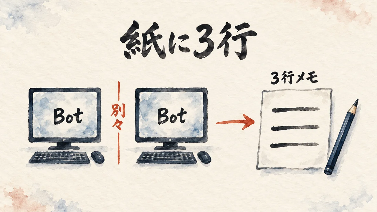 Botに仕事を渡す前の図解。別々のPCを持つ2つのBotと、紙に書く3行メモ