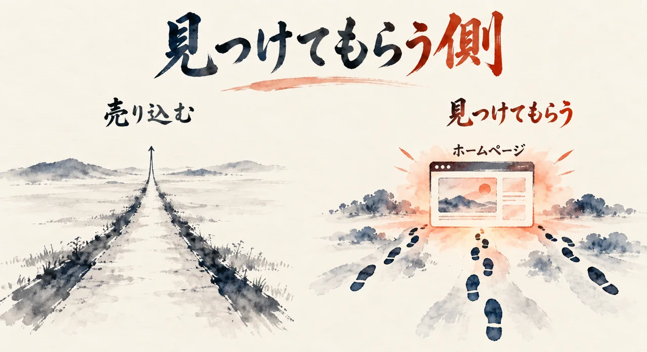 筆絵の図解: 売り込みに出る道と、見つけてもらう道の違い