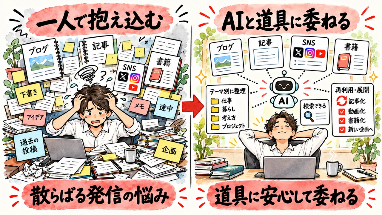 散らばる過去の実績や発信の整理｜一人で抱え込まずAIと道具に委ねて整理する図解