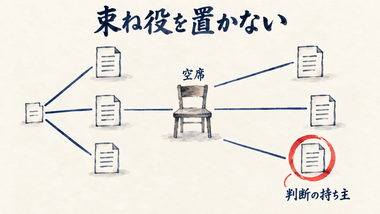図解: 束ね役の席を空けて、判断の持ち主を決める。空席の椅子と、各担当へ直接つながる線