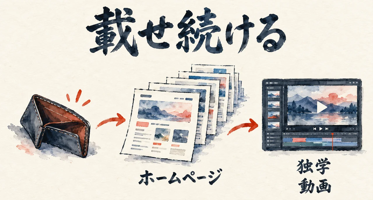 筆絵の図解: お金をかけずにホームページを積み上げ、動画を独学した流れ