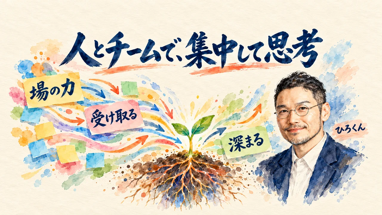 ひろくんが解説する水彩図解：人とチームで、集中して思考。場の力、受け取る、深まる。