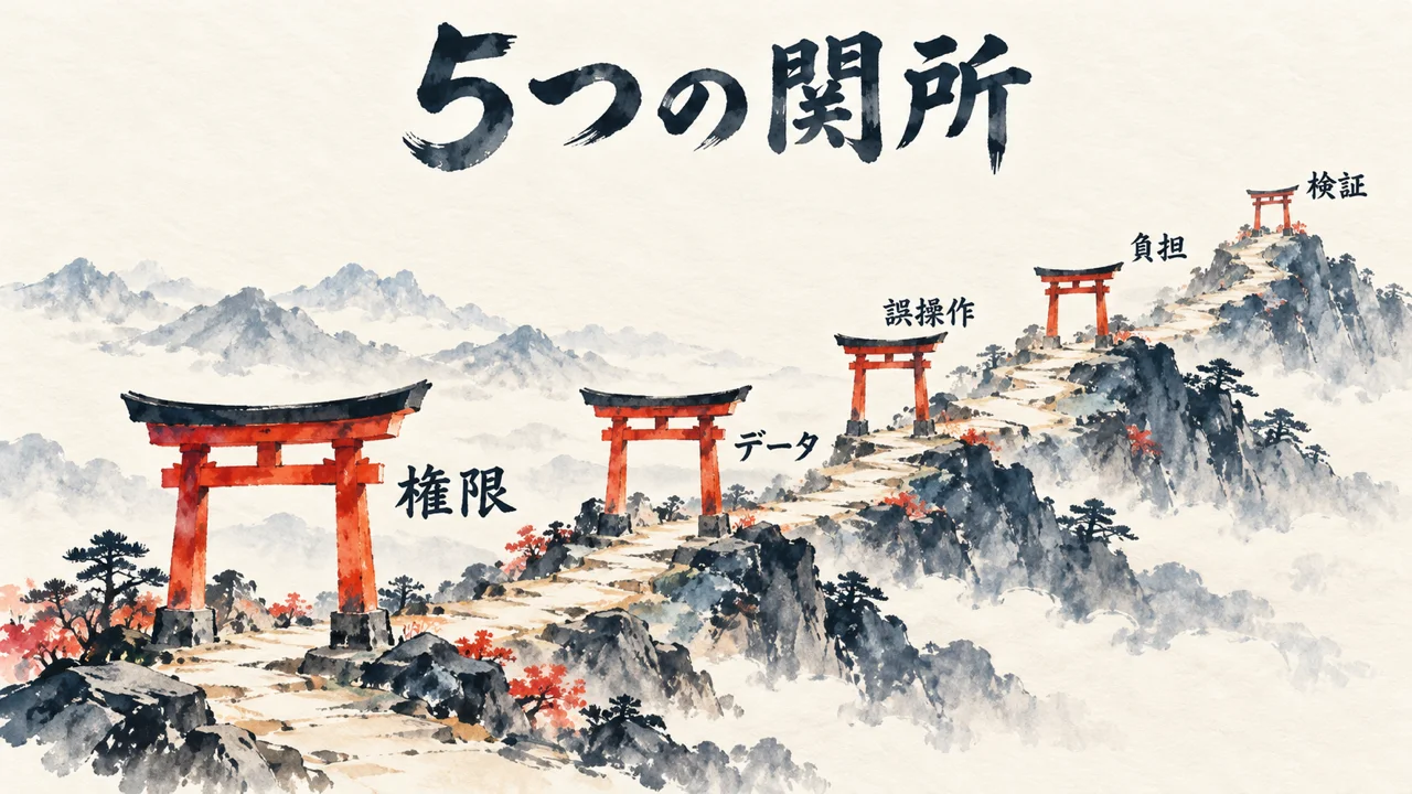 筆絵の図解: 権限・データ・誤操作・負担・検証の5つの関所