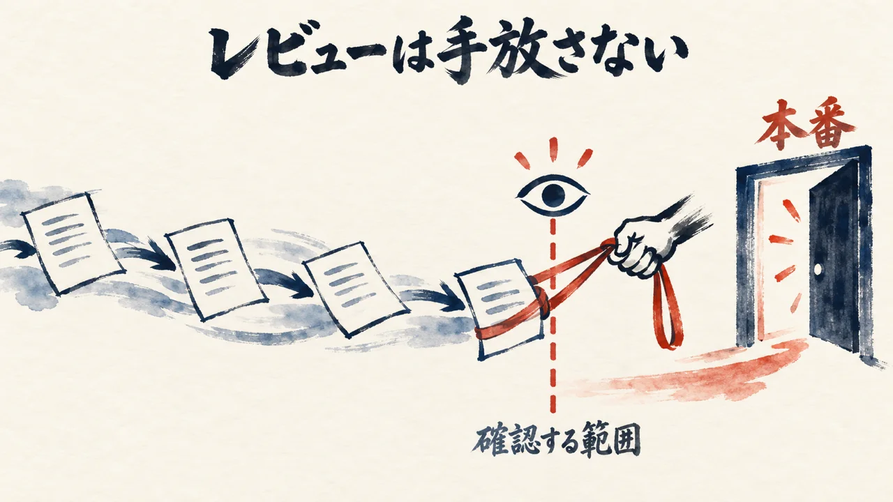 図解: 本番の扉の手前で、手綱を握って確認する範囲を決める