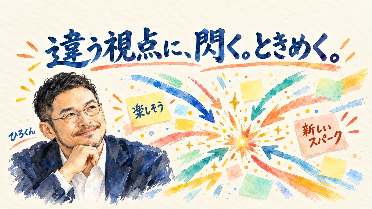 ひろくんが解説する水彩図解：違う視点に、閃く。ときめく。。楽しそう、新しいスパーク。