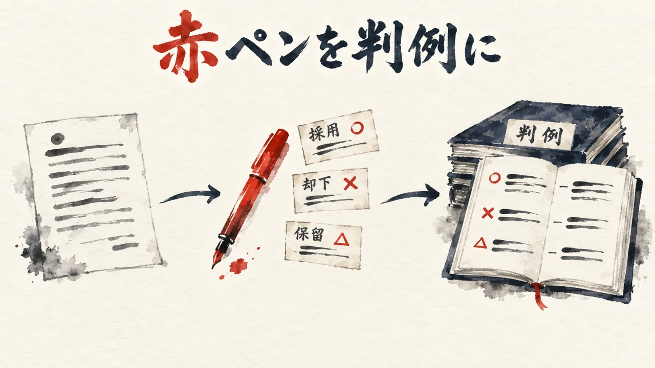 図解: 赤ペンで入れた採用・却下・保留を、判例の帳面に残す