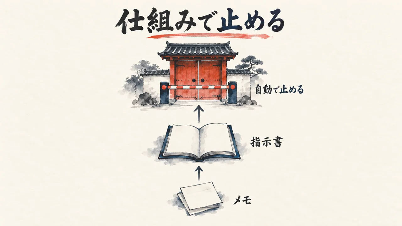 図解: メモ、毎回読まれる指示書、自動で止める門の3段