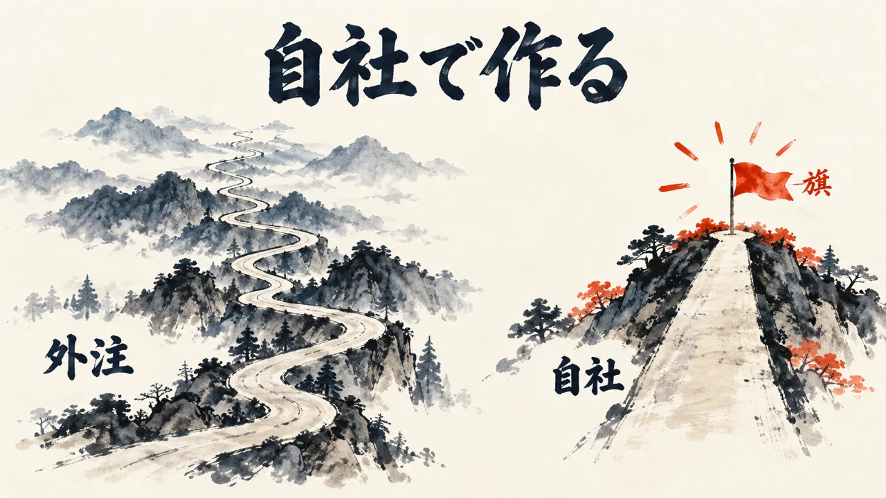 筆絵の図解: 外注の長い道と、自社で作って旗を立てる道