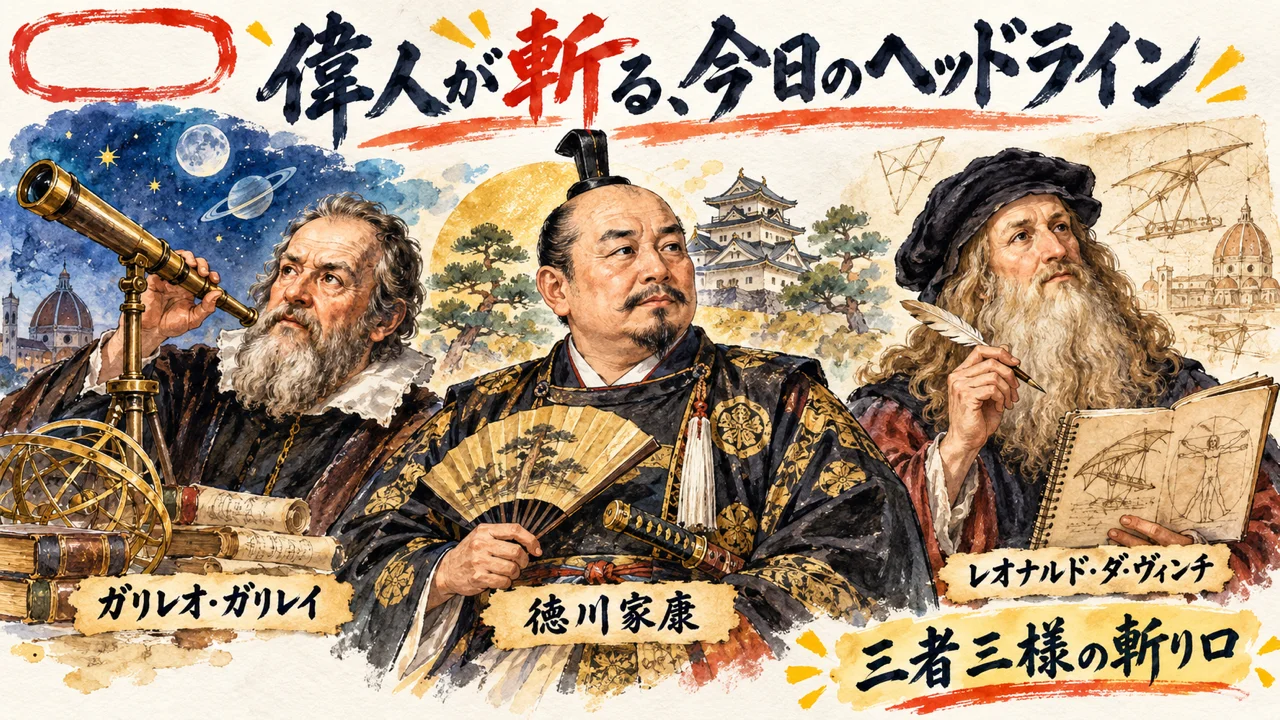 ガリレオ・徳川家康・ダ・ヴィンチが今日のヘッドラインを語るグラレコ