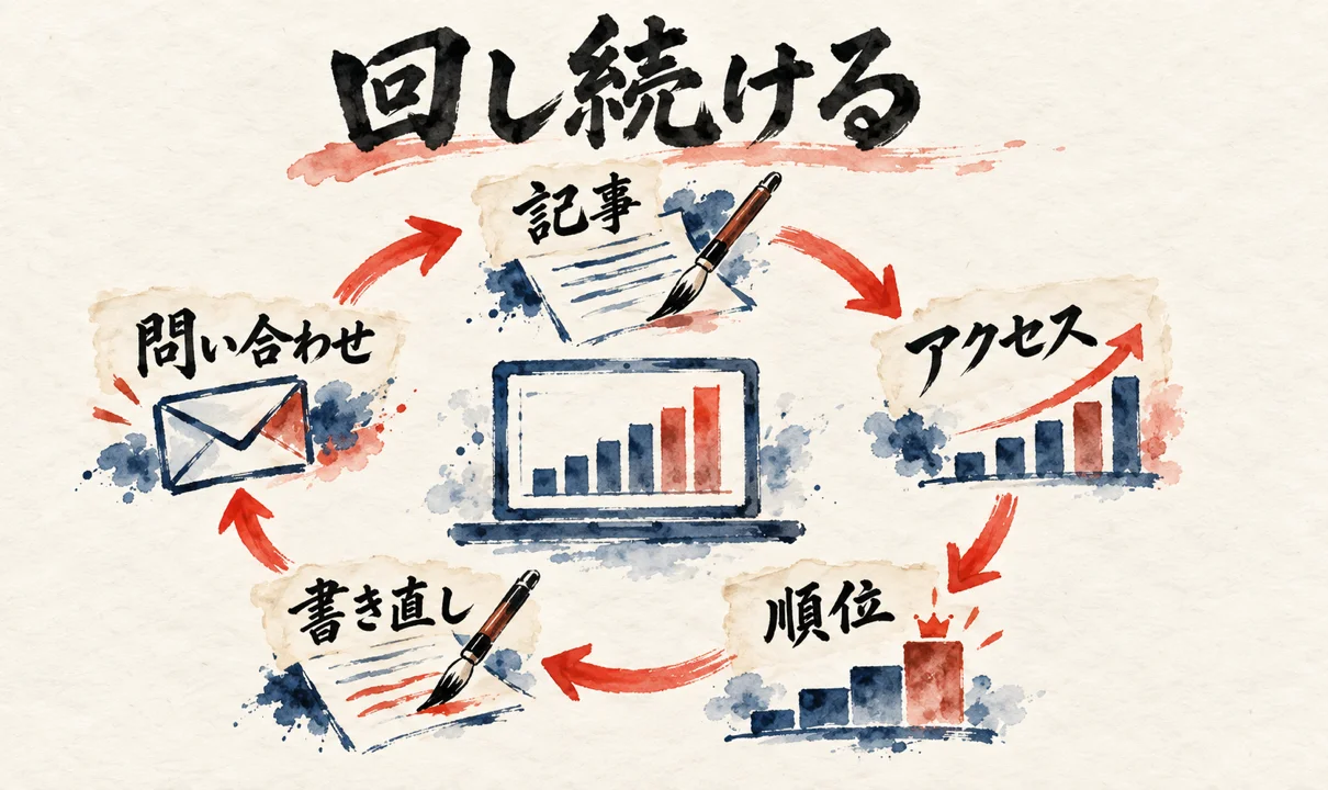 筆絵の図解: 記事・アクセス・順位・書き直し・問い合わせが回り続ける輪