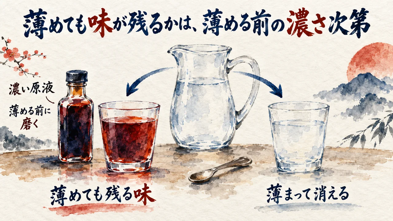 薄めても味が残るかは薄める前の濃さ次第：濃い原液を割ったコップと、薄まって消えるコップの対比