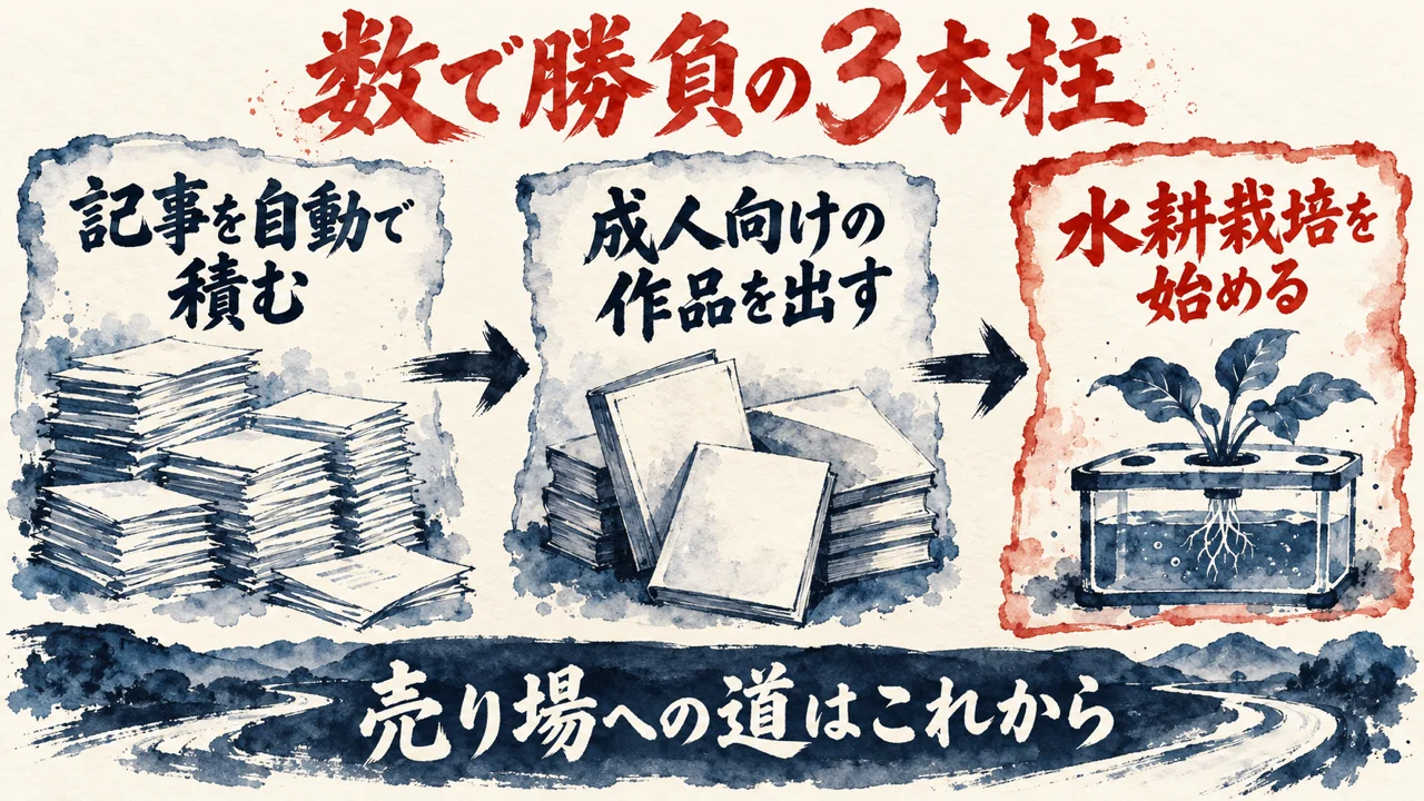 数で勝負の3本柱の図解。記事を自動で積む、成人向けの作品を出す、水耕栽培を始める、の3枚の札が矢印でつながり、下の帯に売り場への道はこれからと書かれている。
