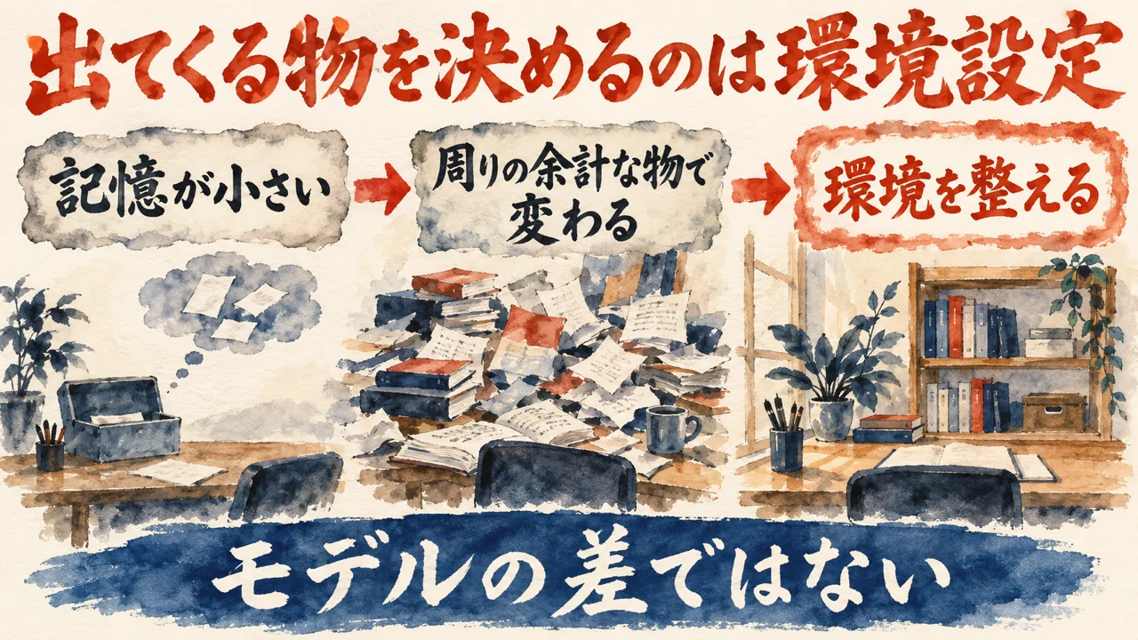 図解。記憶が小さい、周りの余計な物で変わる、環境を整える、の三つの札が矢印で並ぶ水彩画。見出しは同じClaude Codeでも出てくる物が違うのは環境設定