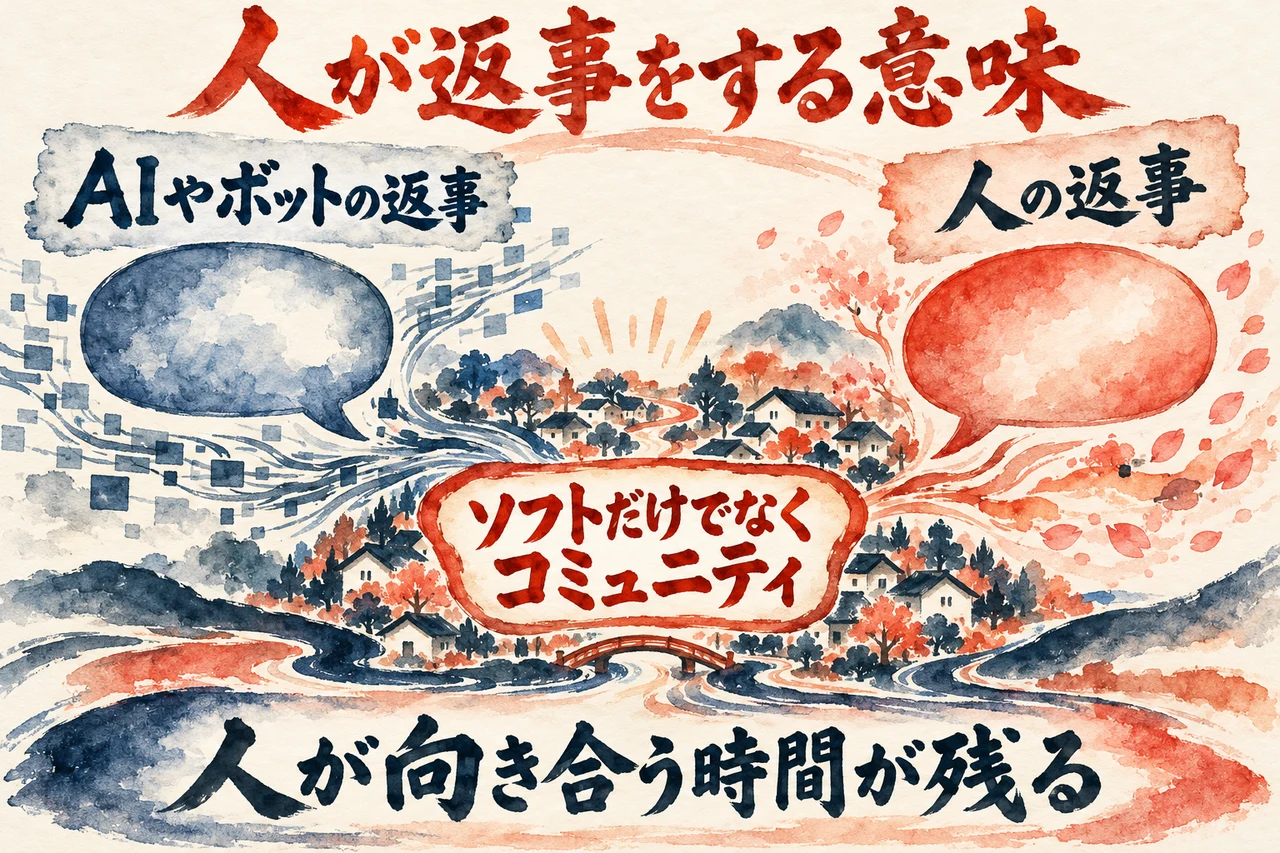 Hype Leadの役割の図解。左にAIやボットの返事、右に人の返事、真ん中にコミュニティ、下に人が向き合う時間が残る、と添えている
