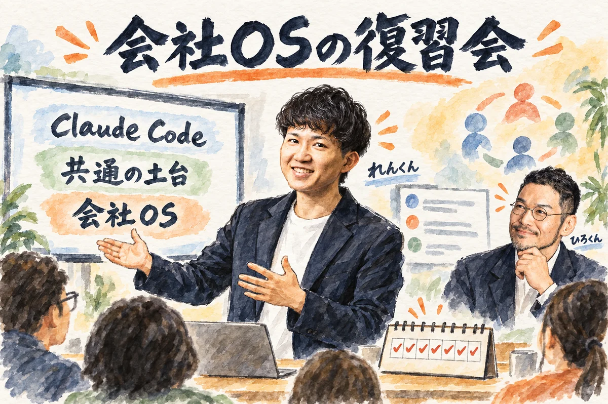 会社OSの共通の土台にチームのClaude Codeとスマホがつながる様子を描いたグラレコ