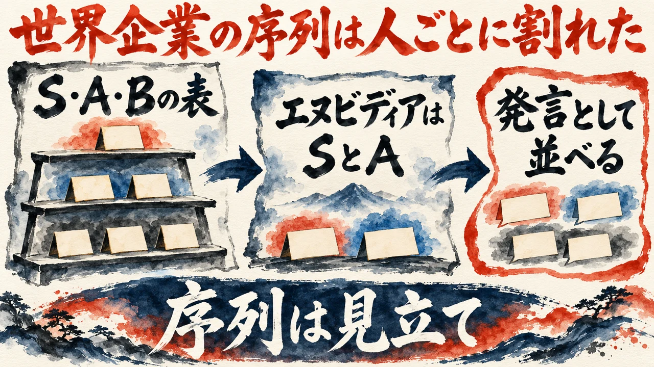 和紙に描いた水彩の図解。三段の棚に札が並ぶS・A・Bの表、エヌビディアはSとA、発言として並べる、の3つが矢印でつながり、下の帯に序列は見立て、と書かれている。