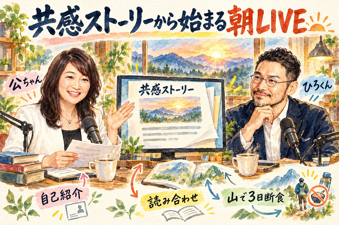 共感ストーリーの読み合わせから始まった朝LIVE｜公ちゃんが自己紹介の資料を手に挨拶し、ひろくんが一緒に読む場面
