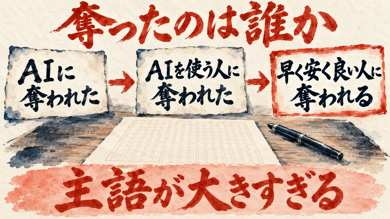 「奪ったのは誰か」の図解。「AIに奪われた」「AIを使う人に奪われた」「早く安く良い人に奪われる」の三つの札が矢印で並び、下の帯に「主語が大きすぎる」