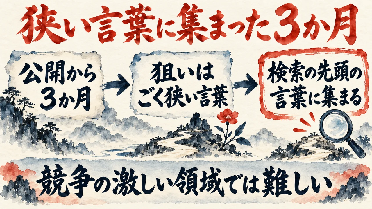 狭い言葉で勝負する図解。公開から3か月、狙いはごく狭い言葉、検索の先頭の言葉に集まる、の3枚の札が矢印でつながり、下の帯に競争の激しい領域では難しいと書かれている。