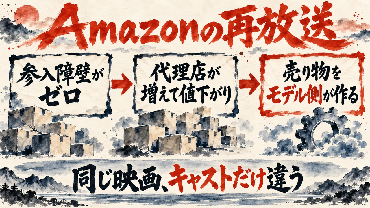 図解。参入障壁がゼロ、代理店が増えて値下がり、売り物をモデル側が作る、の三つの札が並び、同じ映画でキャストだけ違うと示すAmazonの再放送