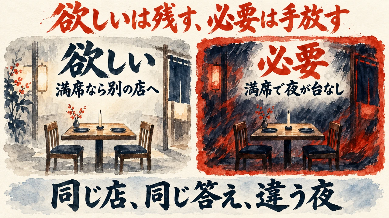 図解: 左は満席なら別の店へ向かう欲しい、右は満席で夜が台なしになる必要。同じ店、同じ答え、違う夜
