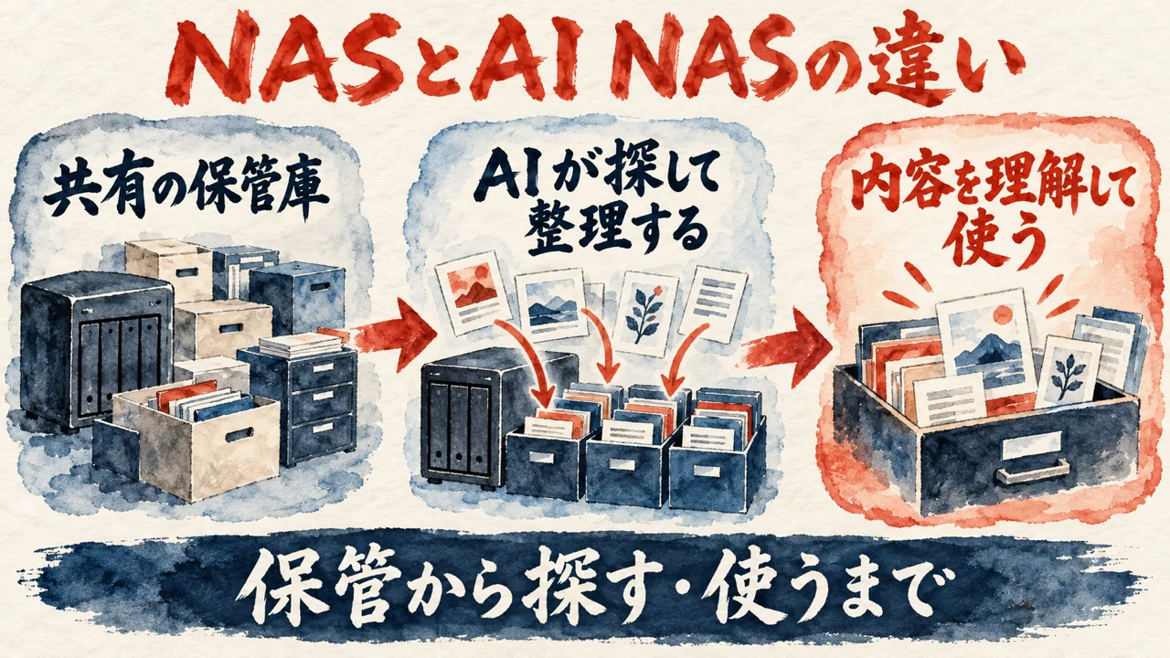 NASとAI NASの違いの図解。共有の保管庫、AIが探して整理する、内容を理解して使う、の3枚の札が矢印でつながり、下の帯に保管から探す・使うまでと書かれている。
