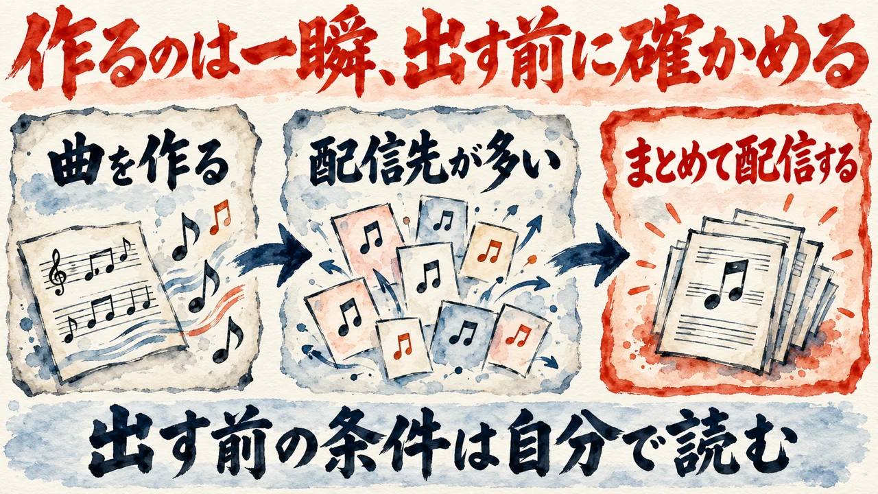 作るのは一瞬、出す前に確かめるの図解。曲を作る、配信先が多い、まとめて配信する、の3枚の札が矢印でつながり、下の帯に出す前の条件は自分で読むと書かれている。