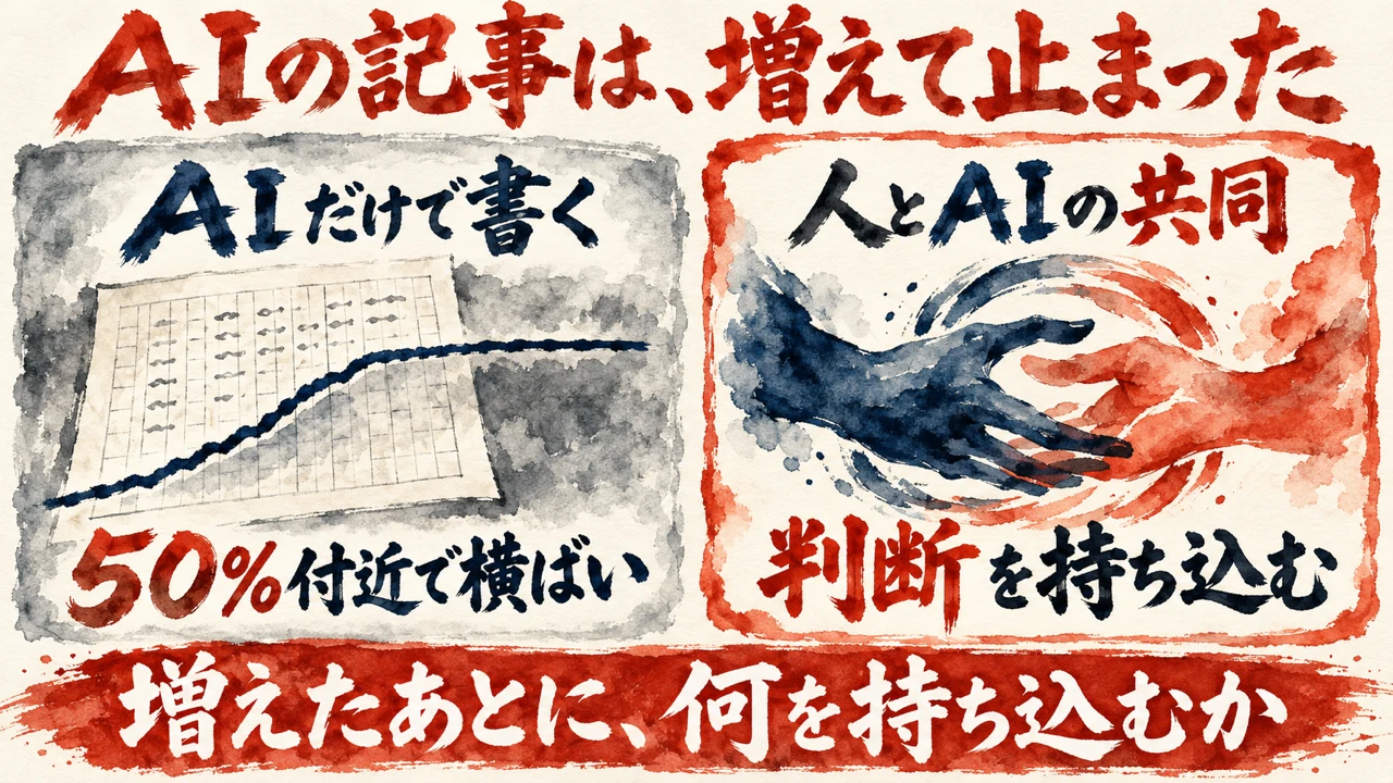 図解: 左はAIだけで書く、50%付近で横ばいの折れ線の原稿用紙。右は人とAIの共同、判断を持ち込む二つの手。下の帯は、増えたあとに何を持ち込むか