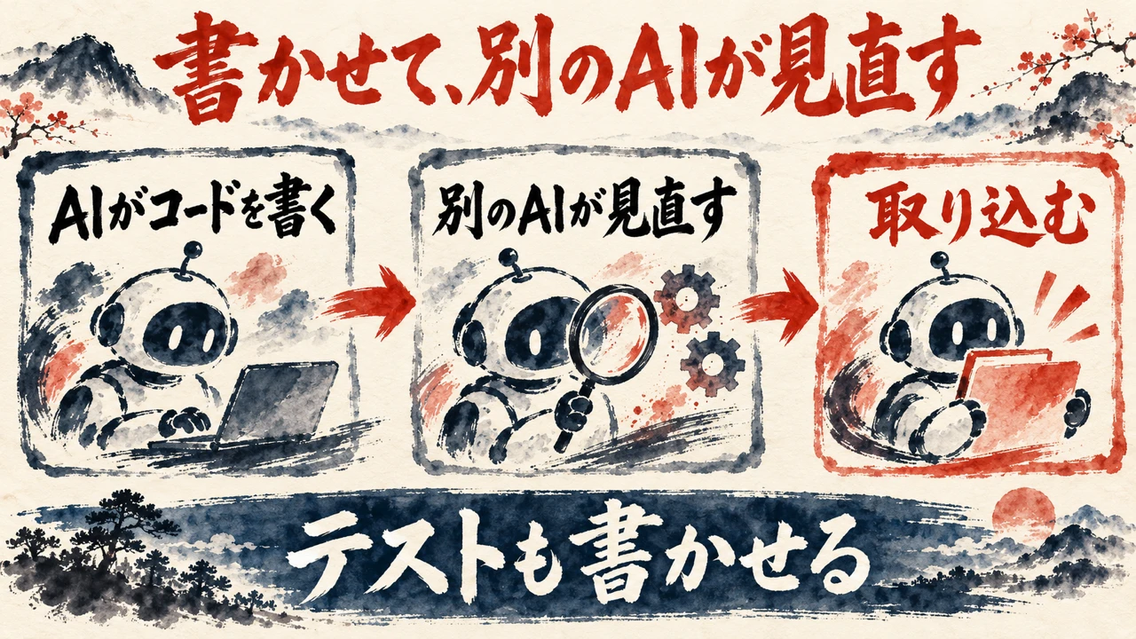AIにコードを任せる流れの図解。AIがコードを書く、別のAIが見直す、取り込む、の3枚の札が矢印でつながり、下の帯にテストも書かせると書かれている。