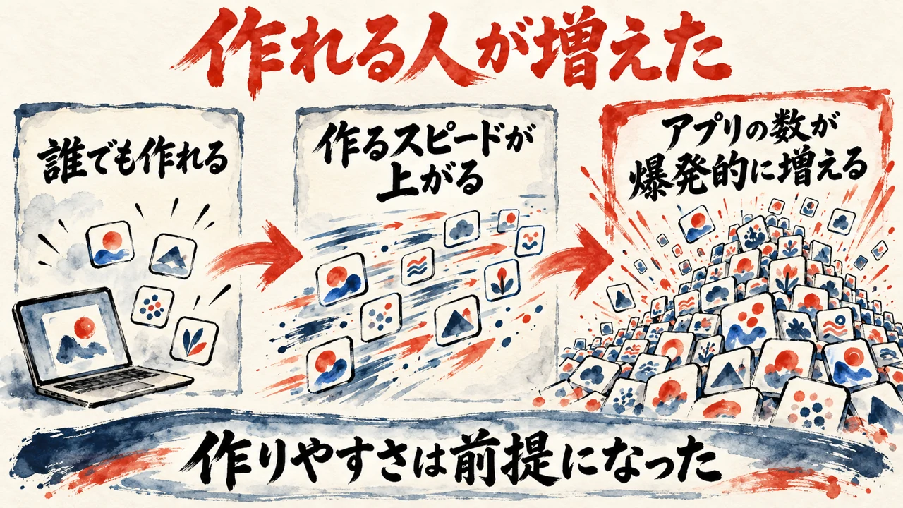 「作れる人が増えた」の図解。「誰でも作れる」「作るスピードが上がる」「アプリの数が爆発的に増える」の三つの札が矢印で並び、下の帯に「作りやすさは前提になった」