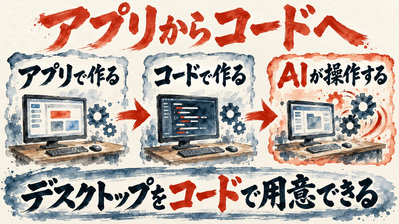 「アプリからコードへ」の図解。「アプリで作る」「コードで作る」「AIが操作する」の三つの札が矢印で並び、下の帯に「デスクトップをコードで用意できる」