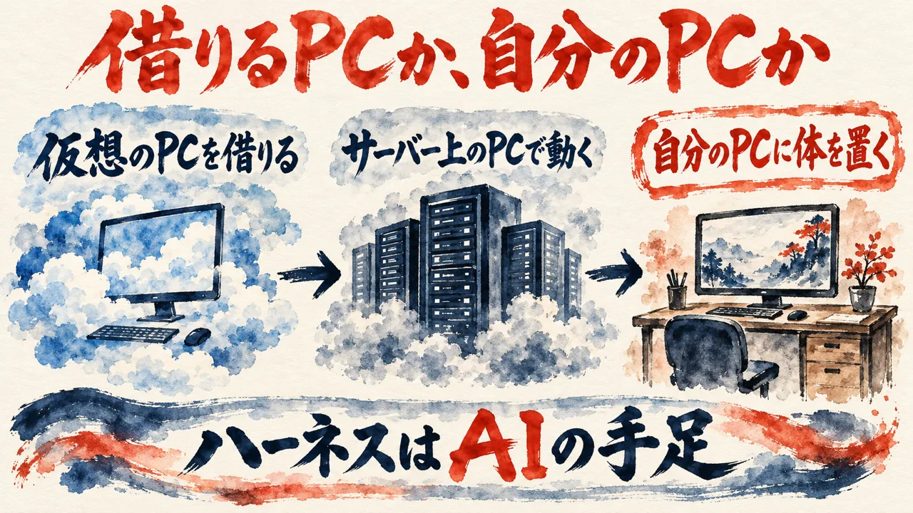 図解。仮想のPCを借りる、サーバー上のPCで動く、自分のPCに体を置く、の三つが矢印でつながり、下の帯にハーネスはAIの手足と書かれている。