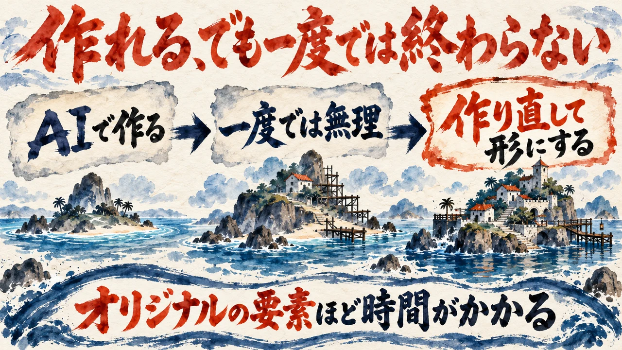 作れる、でも一度では終わらないという図解。AIで作る、一度では無理、作り直して形にするの3つの枠が矢印でつながり、島の景色が荒れた岩場から建物のある島へ育っていく。下にオリジナルの要素ほど時間がかかるの帯