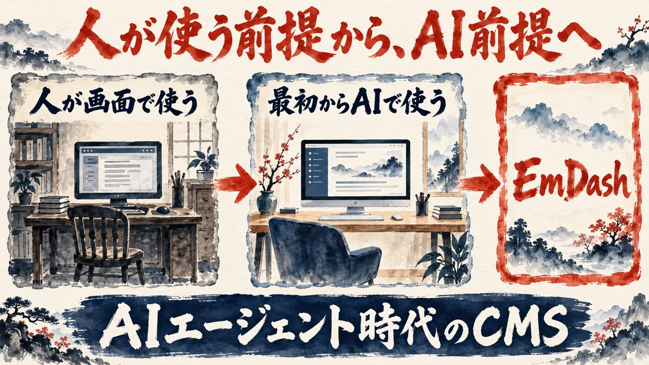 「人が使う前提から、AI前提へ」の図解。「人が画面で使う」「最初からAIで使う」「EmDash」の三つの札が矢印で並び、下の帯に「AIエージェント時代のCMS」