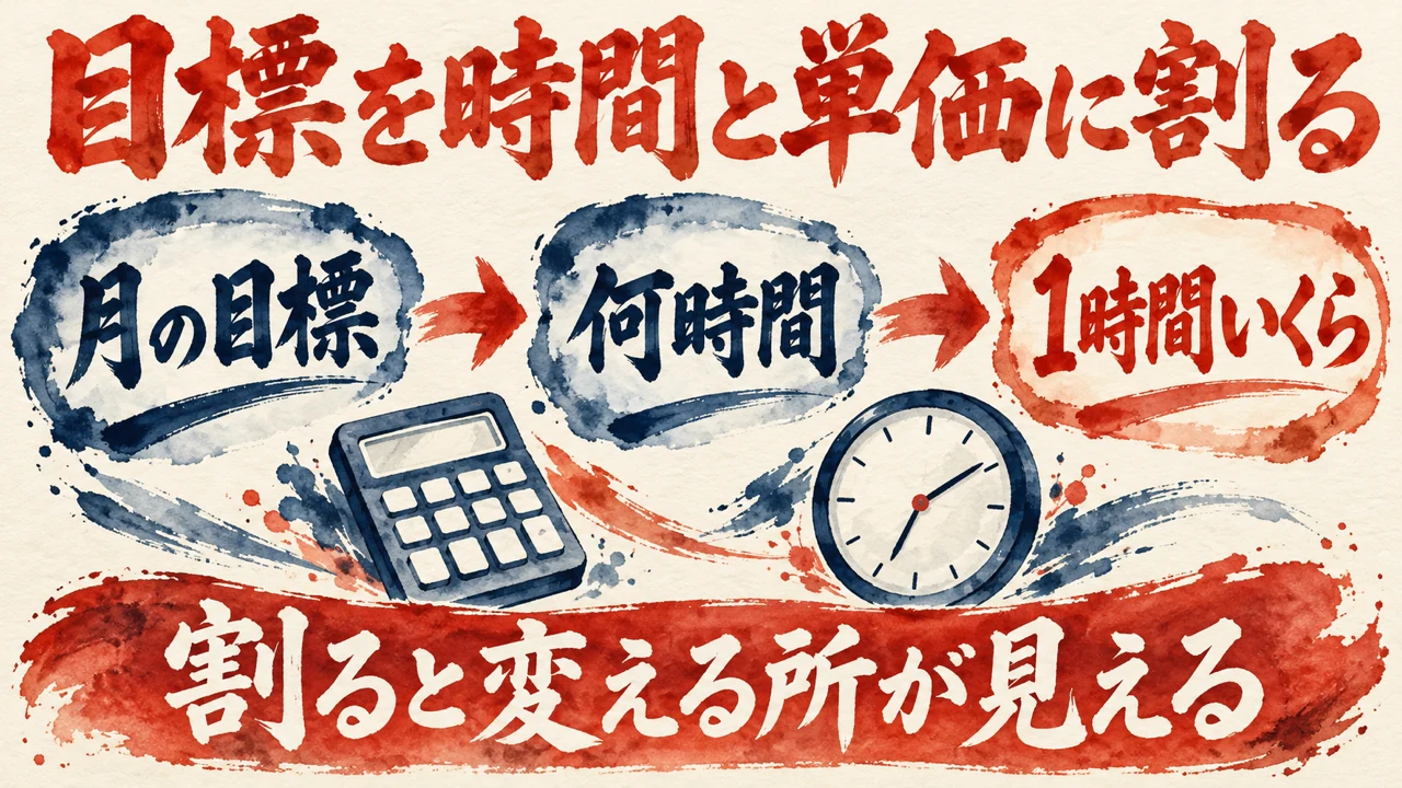 目標を時間と単価に割るという図解。月の目標、何時間、1時間いくらの3つの札が矢印でつながる。下に割ると変える所が見えるの帯