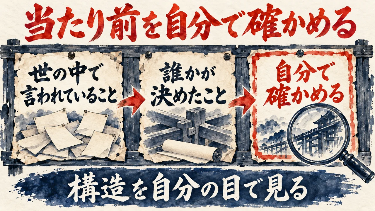 世の中の当たり前という図解。世の中で言われていること、誰かが決めたこと、自分で確かめるの3つの札が矢印でつながる。下に構造を自分の目で見るの帯