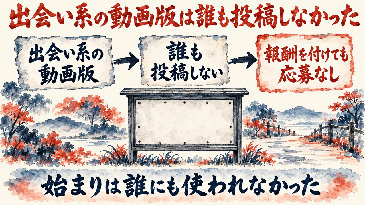 和紙に描いた水彩の図解。出会い系の動画版、誰も投稿しない、報酬を付けても応募なし、の3つが矢印でつながり、空の掲示板が描かれ、下の帯に始まりは誰にも使われなかった、と書かれている。