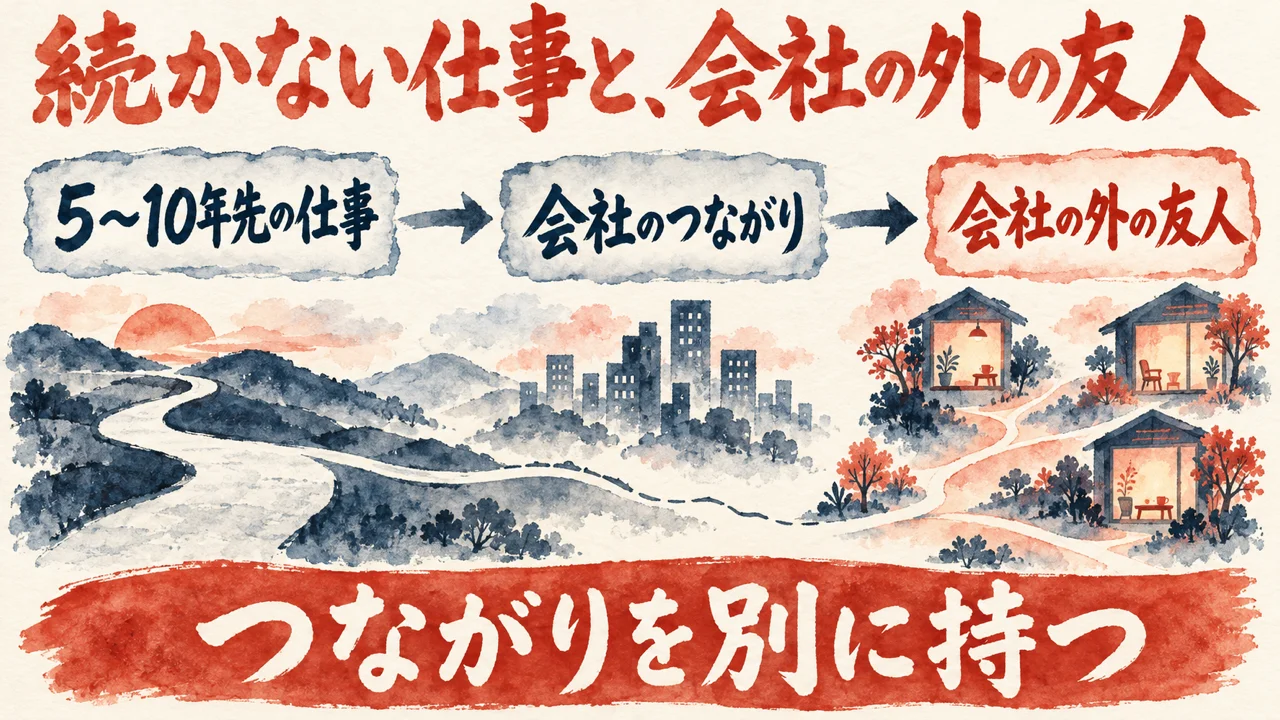 続かない仕事と会社の外の友人をテーマにした図解。5〜10年先の仕事、会社のつながり、会社の外の友人の3つの枠が矢印でつながり、山道の先に灯りのともる家が並ぶ水彩の絵