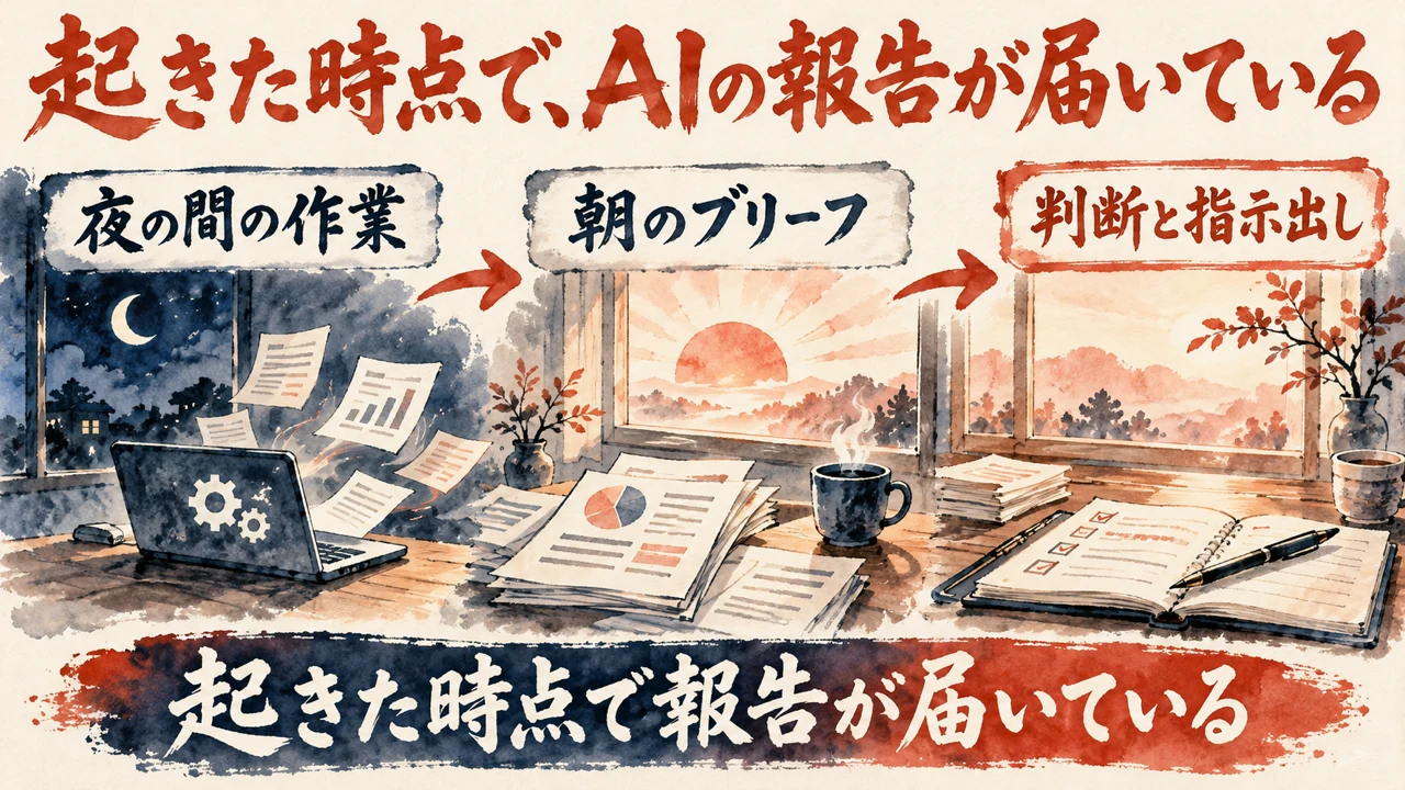 和紙に描いた水彩の図解。夜の間の作業、朝のブリーフ、判断と指示出し、の3つが矢印でつながり、下の帯に起きた時点で報告が届いている、と書かれている。