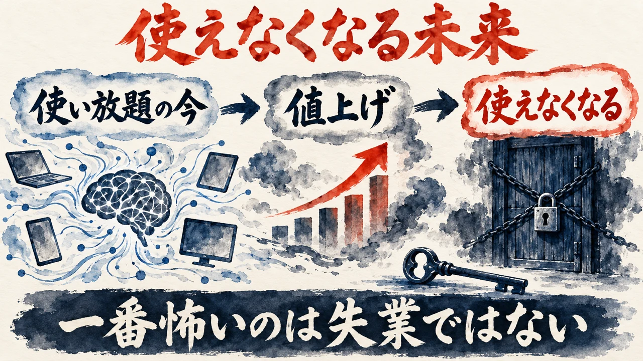 「使えなくなる未来」の図解。「使い放題の今」「値上げ」「使えなくなる」の三つの札が矢印で並び、下の帯に「一番怖いのは失業ではない」